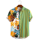 Men Tropical Leaf Colorful Stripe Mixed Print Short Sleeve Casual Shirts