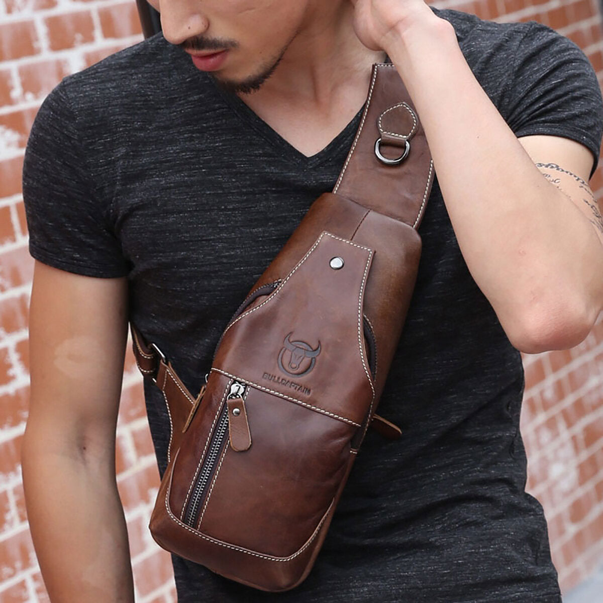 Men Genuine Leather Brown Black Chest Bag Shoulder Crossbody Bag