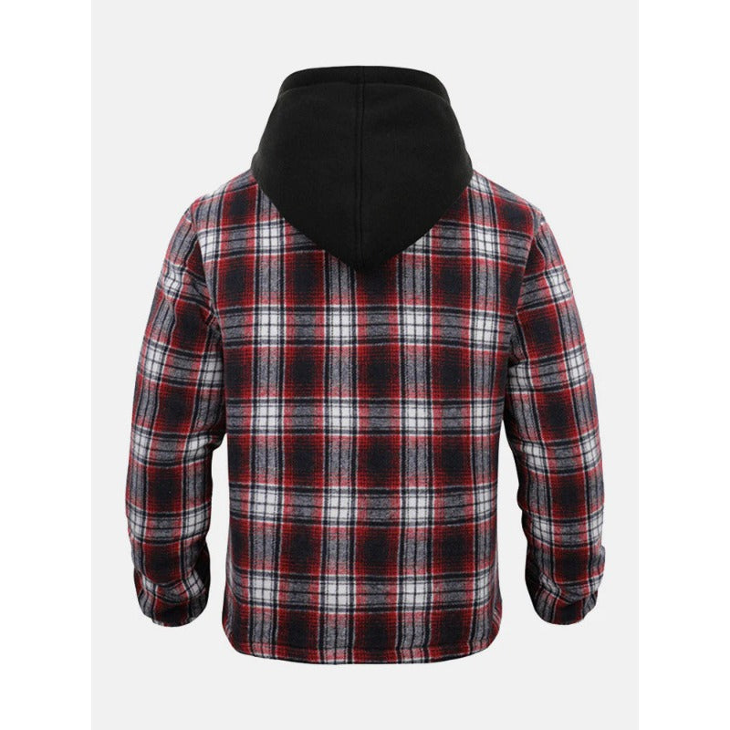 Thickened Jacket Quilted Lined Flannel Hooded Plaid Coat for Men Autumn and Winter