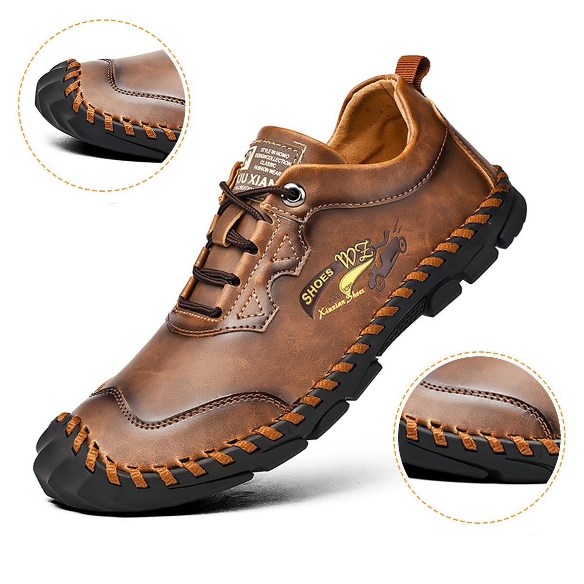 Men Hand Stitching Outdoor Toe Protective Slip Resistant Cow Leather Shoes