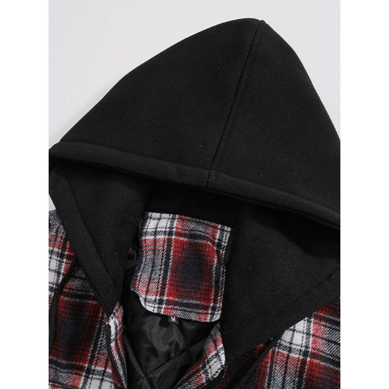 Thickened Jacket Quilted Lined Flannel Hooded Plaid Coat for Men Autumn and Winter