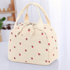 NOVUXY Insulated Corduroy Lunch Bag for Women and Men, Cute Strawberry Design, Reusable Thermal Tote, Large Capacity Cooler for Work, Picnic, Travel - Hand Washable Cylinder Shape Lunch Box