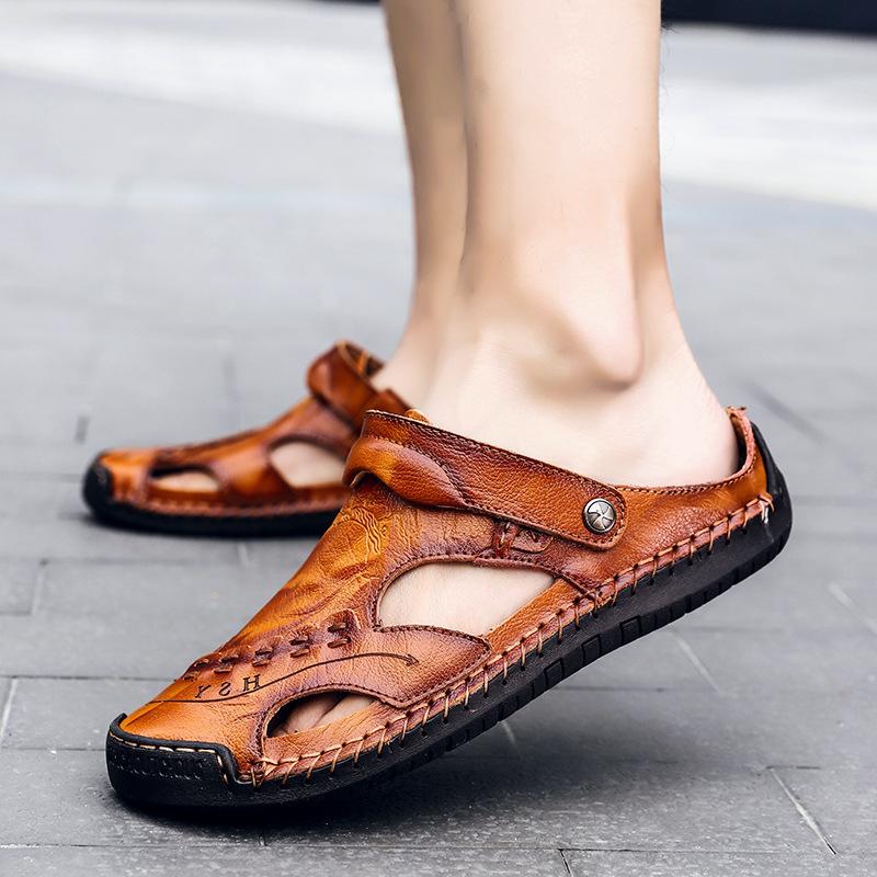 Men's Large Size Men Hand Sewing Closed Toe Comfortable Soft Leather Sandals