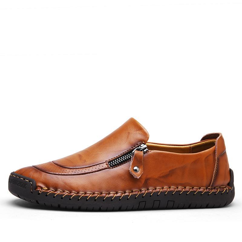 Men Hand Stitching Zipper Slip-on Leather Shoes