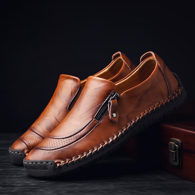 Men Hand Stitching Zipper Slip-on Leather Shoes