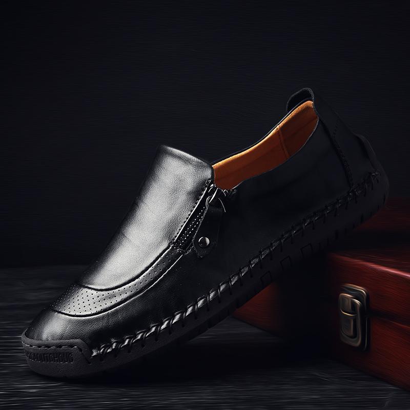 Men Hand Stitching Zipper Slip-on Leather Shoes