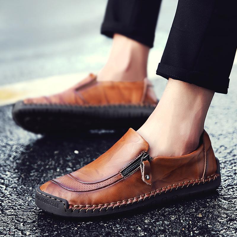 Men Hand Stitching Zipper Slip-on Leather Shoes