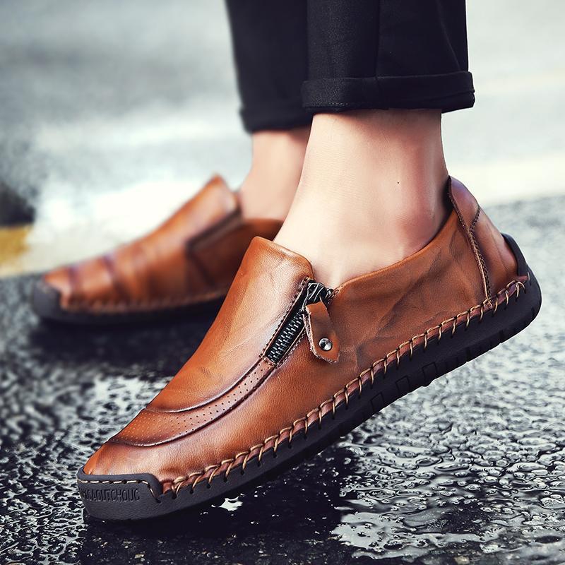 Men Hand Stitching Zipper Slip-on Leather Shoes