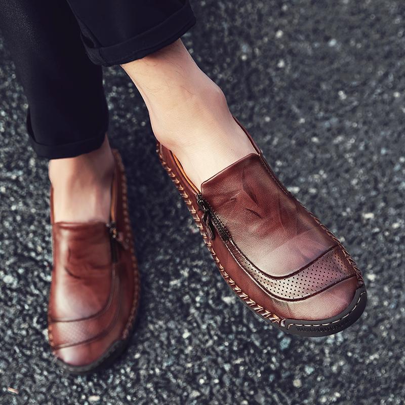 Men Hand Stitching Zipper Slip-on Leather Shoes