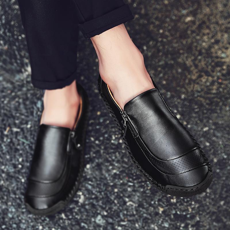 Men Hand Stitching Zipper Slip-on Leather Shoes