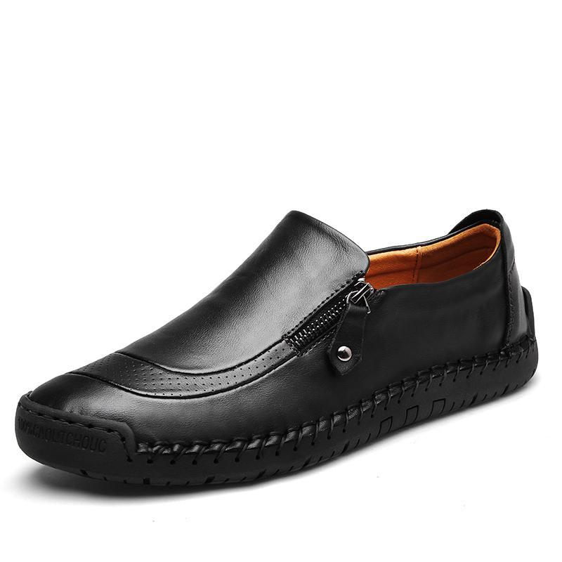 Men Hand Stitching Zipper Slip-on Leather Shoes