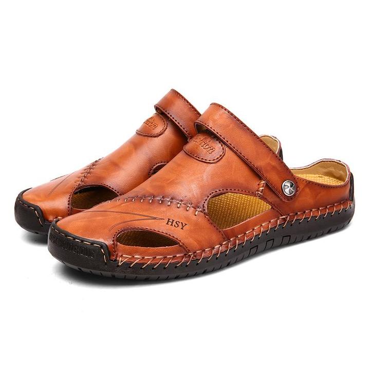 Men's Summer Hand Stitching Soft Outdoor Closed Toe Leather Beach Sandals Slippers