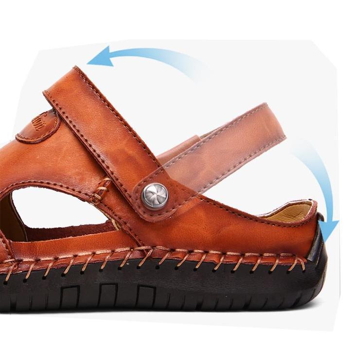 Men's Summer Hand Stitching Soft Outdoor Closed Toe Leather Beach Sandals Slippers