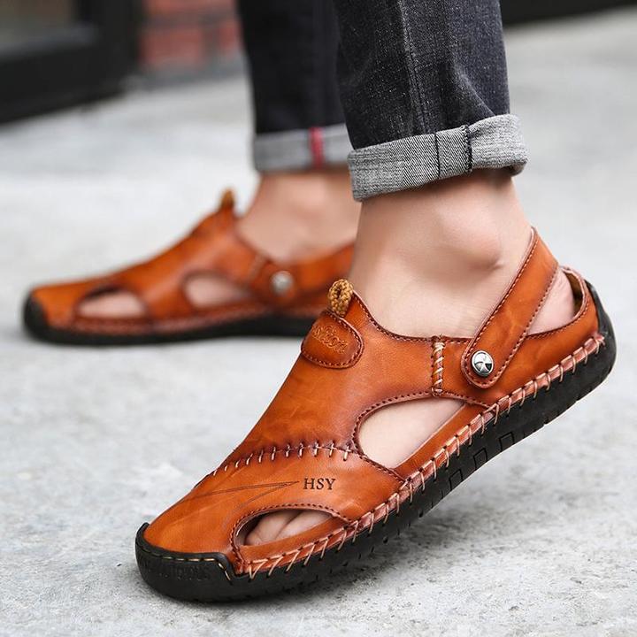 Men's Summer Hand Stitching Soft Outdoor Closed Toe Leather Beach Sandals Slippers