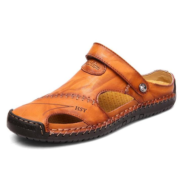 Men's Summer Hand Stitching Soft Outdoor Closed Toe Leather Beach Sandals Slippers