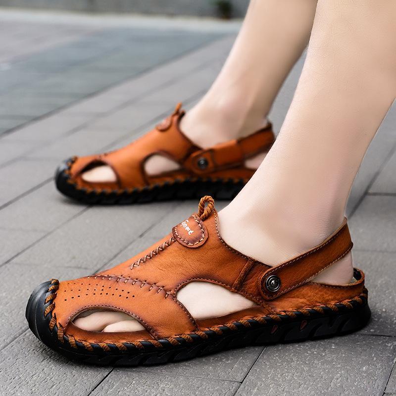 Men's Hand Stitching Leather Non Slip Outdoor Casual Beach Sandals Shoes