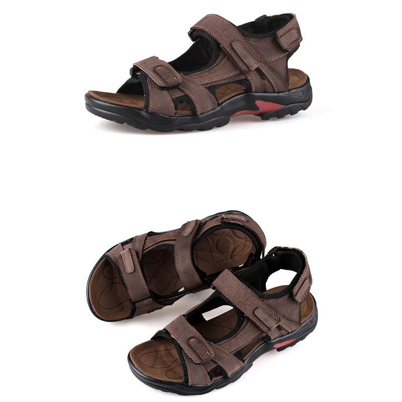 Men's leather beach shoes in the first layer with open toe slip summer handmade sandals in plus sizes outdoors