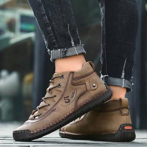 Aliders Men's Hand Stitching Vintage Microfiber Leather Lace Up Comfy Soft Ankle Boots