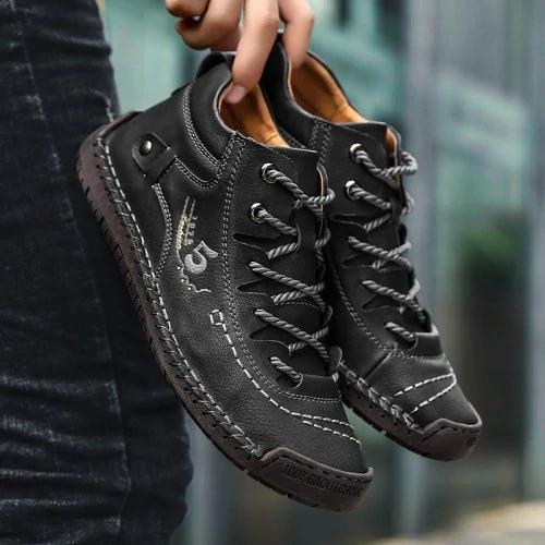 Aliders Men's Hand Stitching Vintage Microfiber Leather Lace Up Comfy Soft Ankle Boots