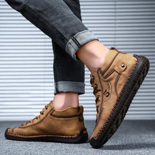 Aliders Men's Hand Stitching Vintage Microfiber Leather Lace Up Comfy Soft Ankle Boots