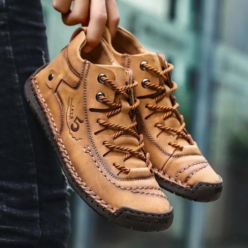 Aliders Men's Hand Stitching Vintage Microfiber Leather Lace Up Comfy Soft Ankle Boots