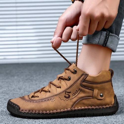 Aliders Men's Hand Stitching Vintage Microfiber Leather Lace Up Comfy Soft Ankle Boots