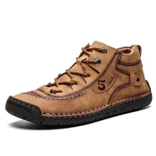 Aliders Men's Hand Stitching Vintage Microfiber Leather Lace Up Comfy Soft Ankle Boots