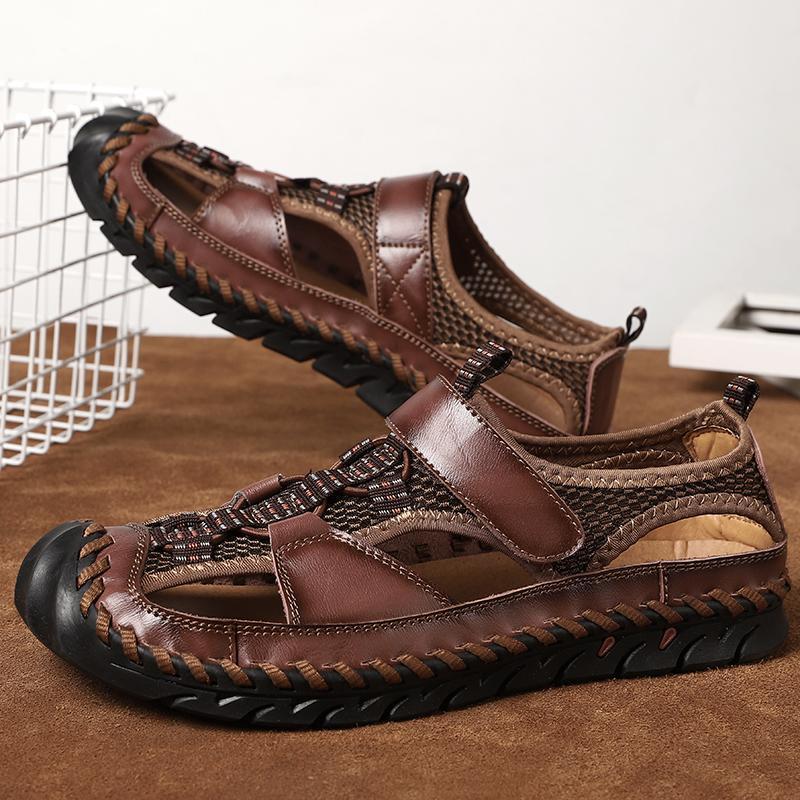 Aliders Men's Closed Toe Hand Stitching Outdoor Non Slip Dress Leather Sandals