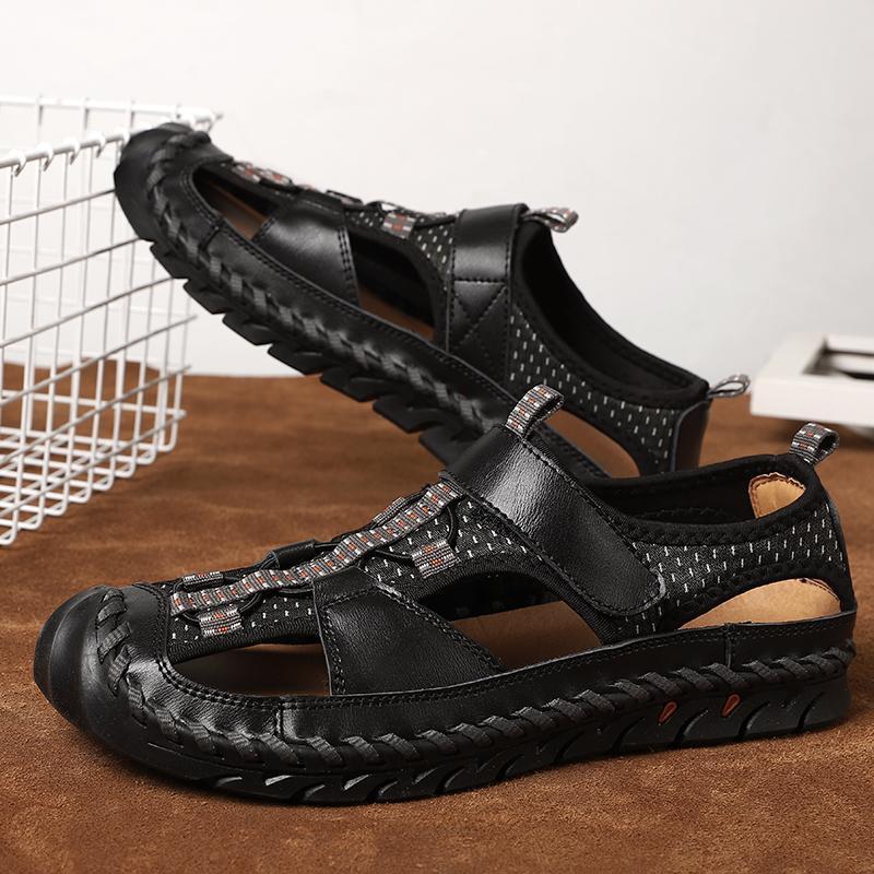 Aliders Men's Closed Toe Hand Stitching Outdoor Non Slip Dress Leather Sandals