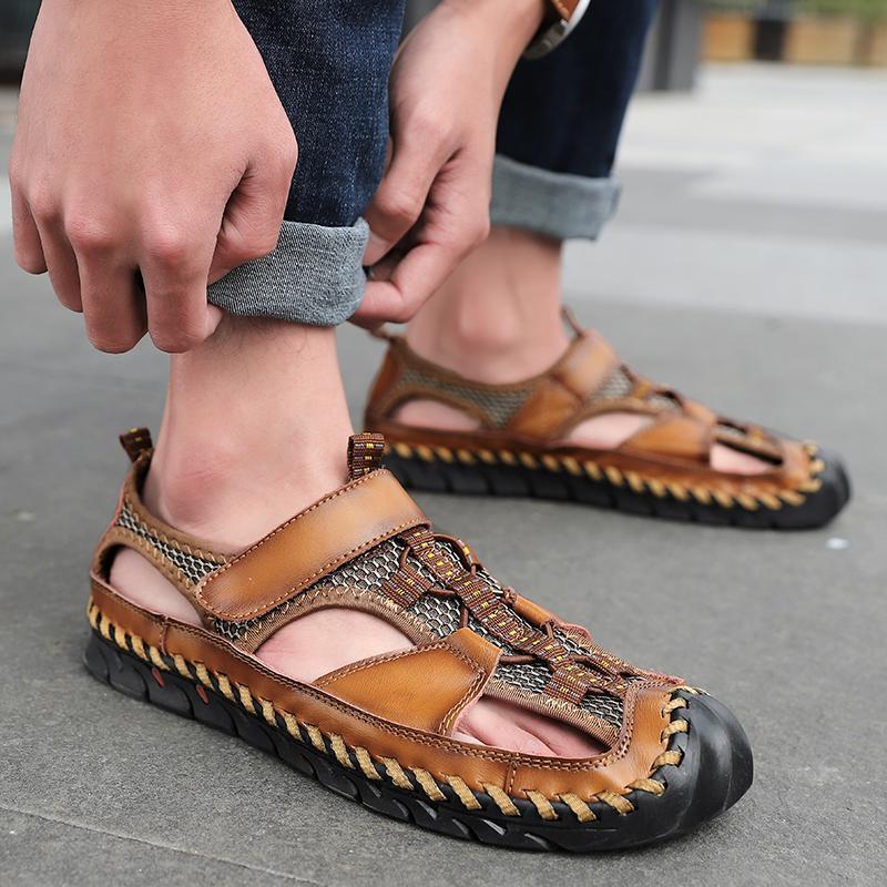 Aliders Men's Closed Toe Hand Stitching Outdoor Non Slip Dress Leather Sandals