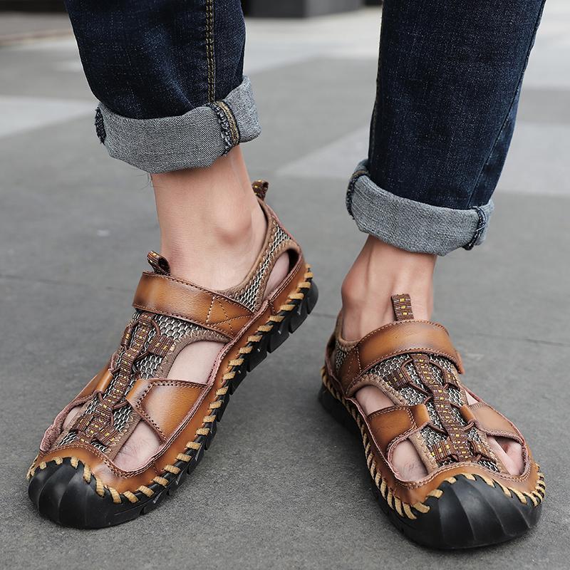 Aliders Men's Closed Toe Hand Stitching Outdoor Non Slip Dress Leather Sandals