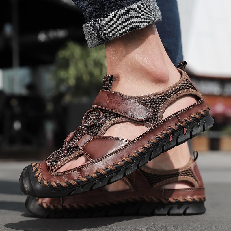 Aliders Men's Closed Toe Hand Stitching Outdoor Non Slip Dress Leather Sandals