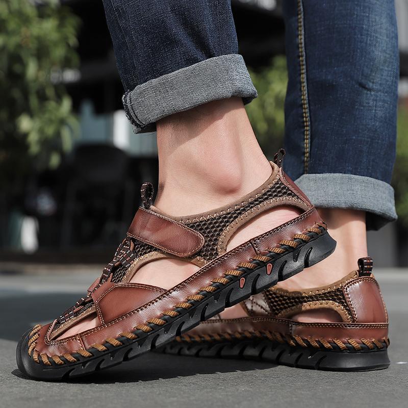 Aliders Men's Closed Toe Hand Stitching Outdoor Non Slip Dress Leather Sandals