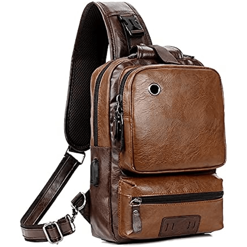 Retro PU Leather Men's Women's Chest Bag With Earphone Port Business Student Commuter Crossbody Bag