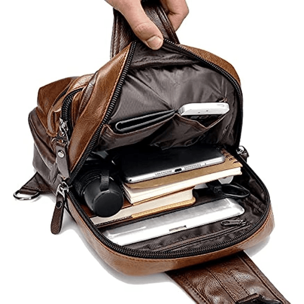 Retro PU Leather Men's Women's Chest Bag With Earphone Port Business Student Commuter Crossbody Bag