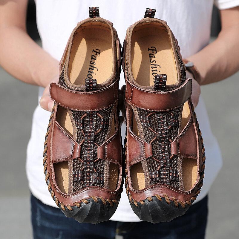 Aliders Men's Closed Toe Hand Stitching Outdoor Non Slip Dress Leather Sandals