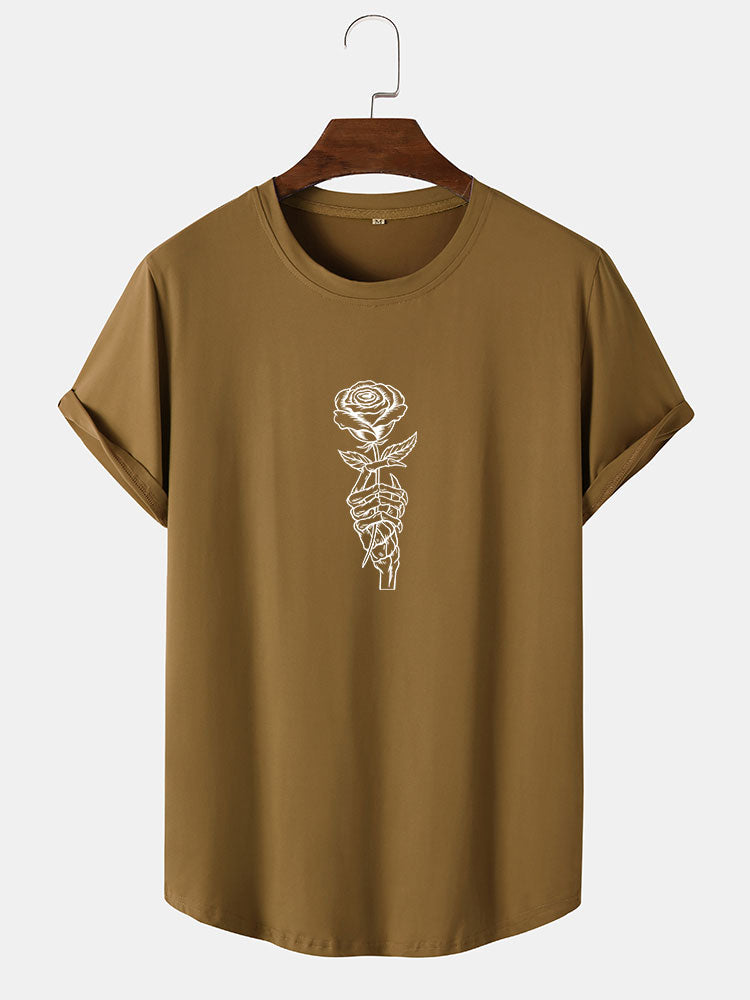 Rose Skull Hand Print Arc Hem T-Shirt