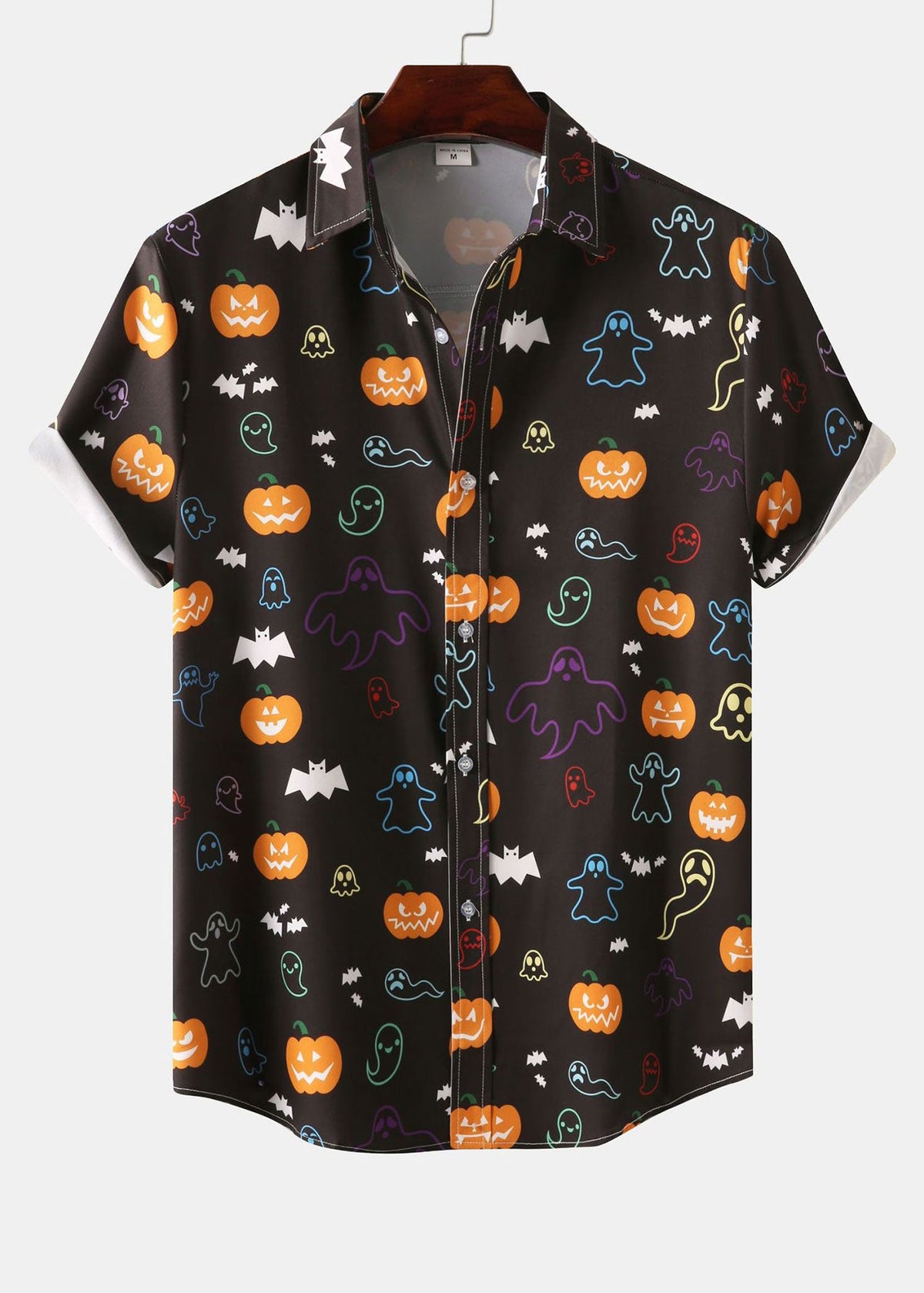 Halloween Ghost Pumpkin Print Button Up Shirt