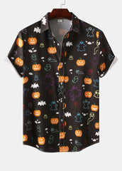 Halloween Ghost Pumpkin Print Button Up Shirt