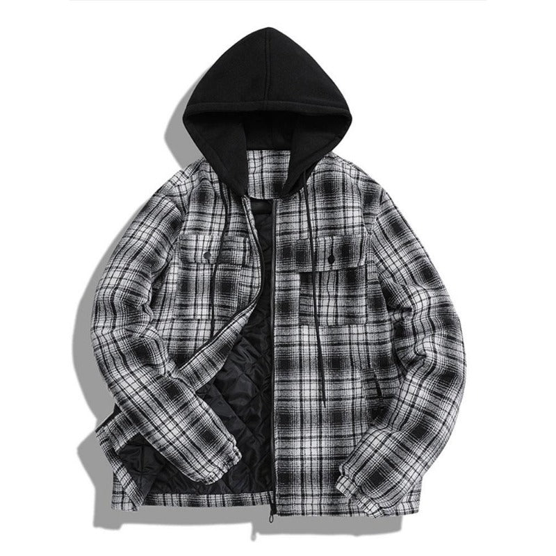 Thickened Jacket Quilted Lined Flannel Hooded Plaid Coat for Men Autumn and Winter