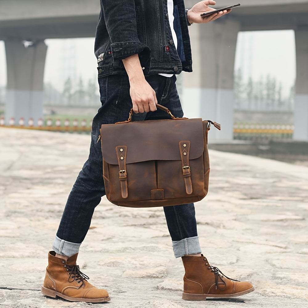 Men's Vintage Genuine Leather Briefcase Crossbody Bag, Bags For Work & Business