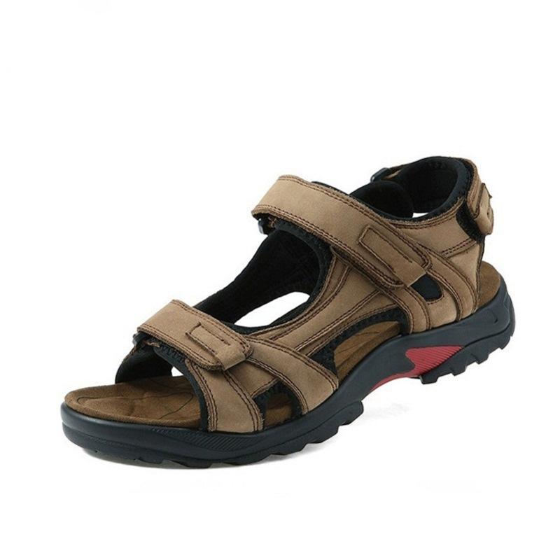 Men's leather beach shoes in the first layer with open toe slip summer handmade sandals in plus sizes outdoors