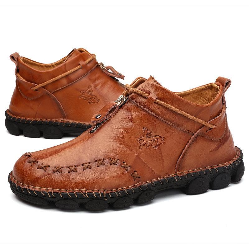 Men's Hand Stitching Cow Leather Non Slip Soft Sole Casual Boots