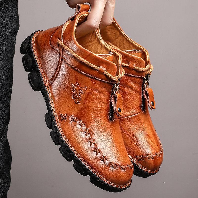 Men's Hand Stitching Cow Leather Non Slip Soft Sole Casual Boots