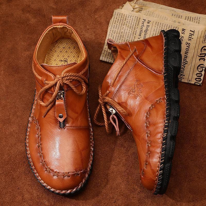 Men's Hand Stitching Cow Leather Non Slip Soft Sole Casual Boots