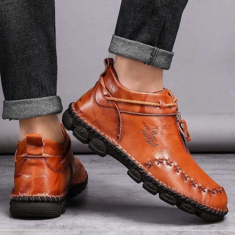 Men's Hand Stitching Cow Leather Non Slip Soft Sole Casual Boots