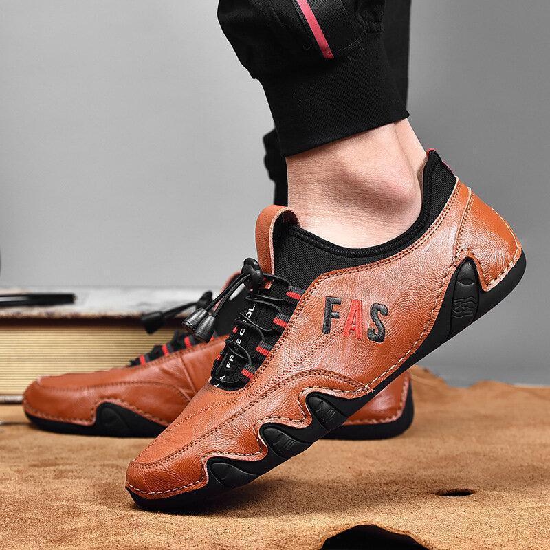 Men's Leather Splicing Non Slip Elastic Lace Soft Sole Casual Driving Shoes