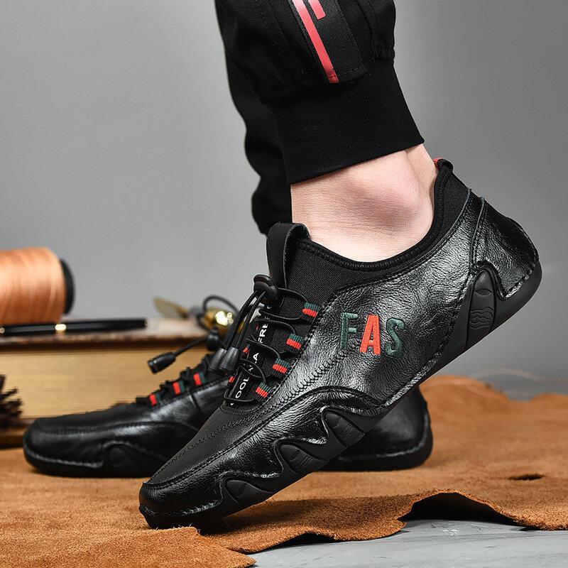 Men's Leather Splicing Non Slip Elastic Lace Soft Sole Casual Driving Shoes