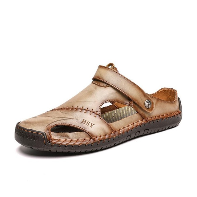 Men's Summer Hand Stitching Soft Outdoor Closed Toe Leather Beach Sandals Slippers