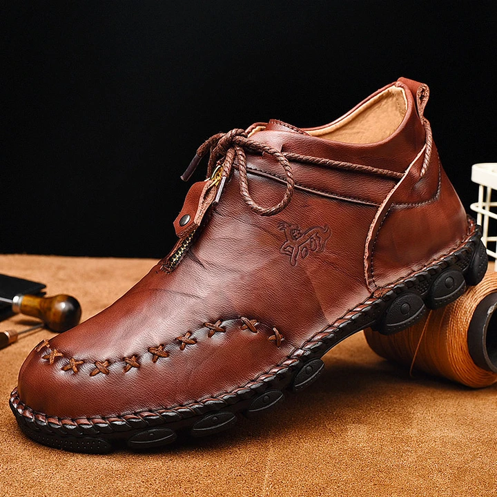 Men's Hand Stitching Cow Leather Non Slip Soft Sole Casual Boots